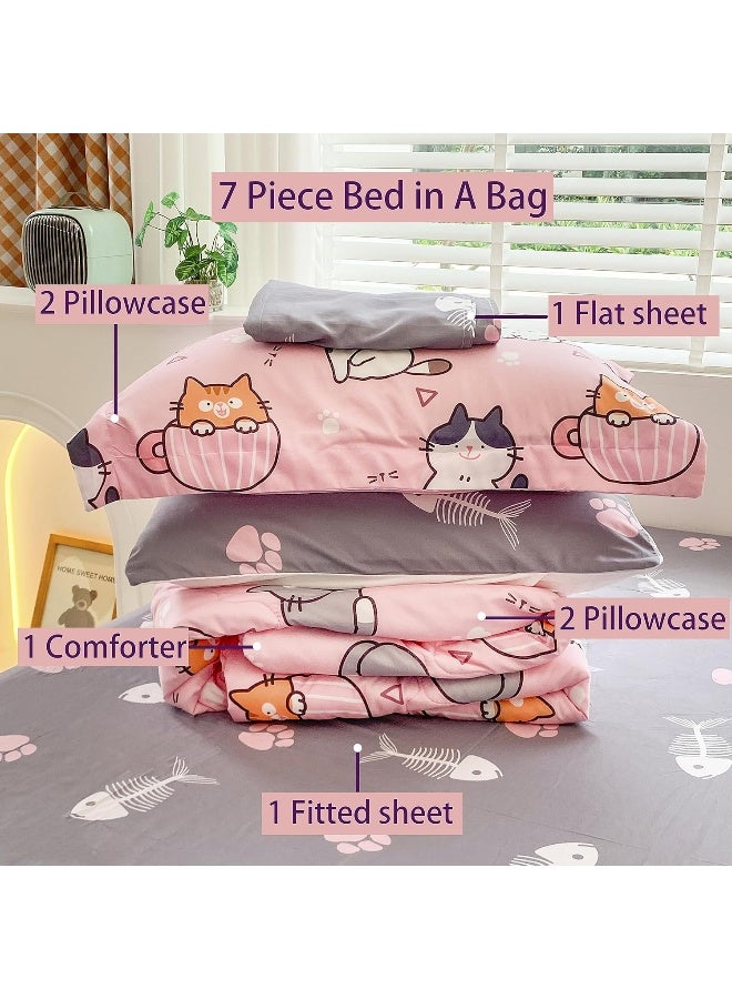 Gusuhome 7 Piece Girls Cat Comforter Set Full Size Bed in A Bag Pink Cute Cartoon Pet Cats Bedding Set for Kids Boys Teens (1 Comforter, 1 Flat Sheet, 1 Fitted Sheet, 4 Pillow Sham) Gray - Image 2